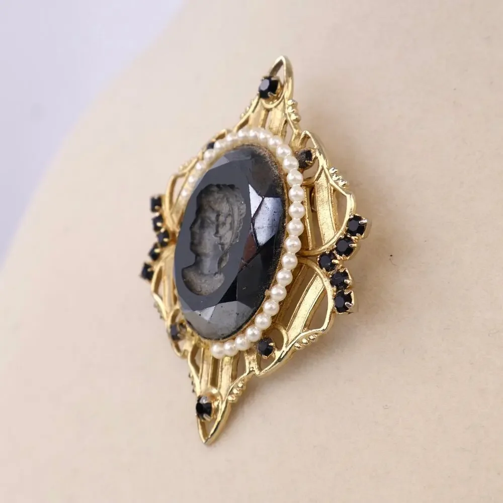 Vintage Intaglio Cameo Brooch Black Glass Pearl Gothic Victorian Pin Flawed 2